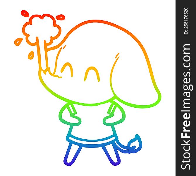 rainbow gradient line drawing of a cute cartoon elephant spouting water