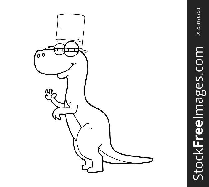 freehand drawn black and white cartoon dinosaur wearing top hat