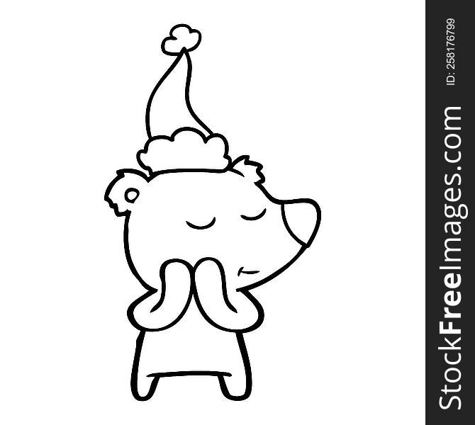 happy hand drawn line drawing of a polar bear wearing santa hat. happy hand drawn line drawing of a polar bear wearing santa hat