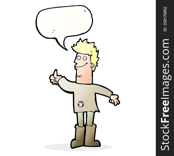 cartoon positive thinking man in rags with speech bubble