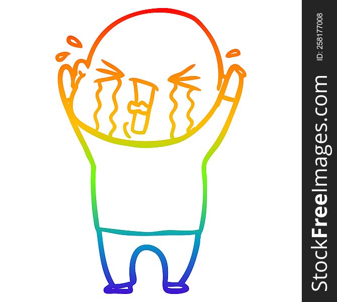 Rainbow Gradient Line Drawing Cartoon Crying Bald Man