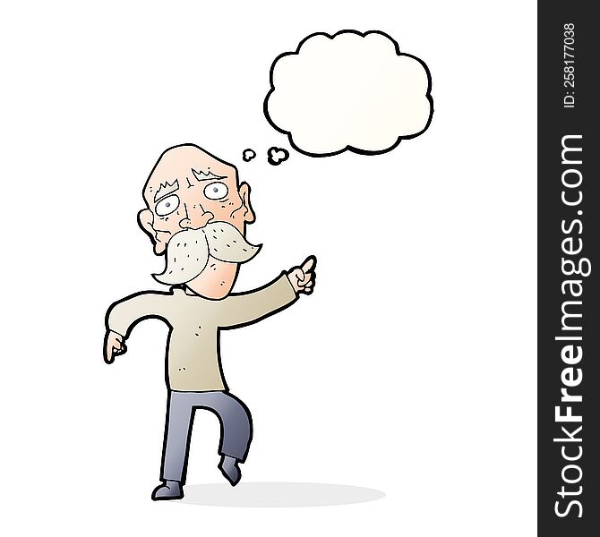 cartoon sad old man pointing with thought bubble