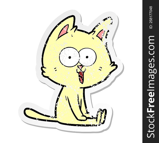 distressed sticker of a funny cartoon cat sitting