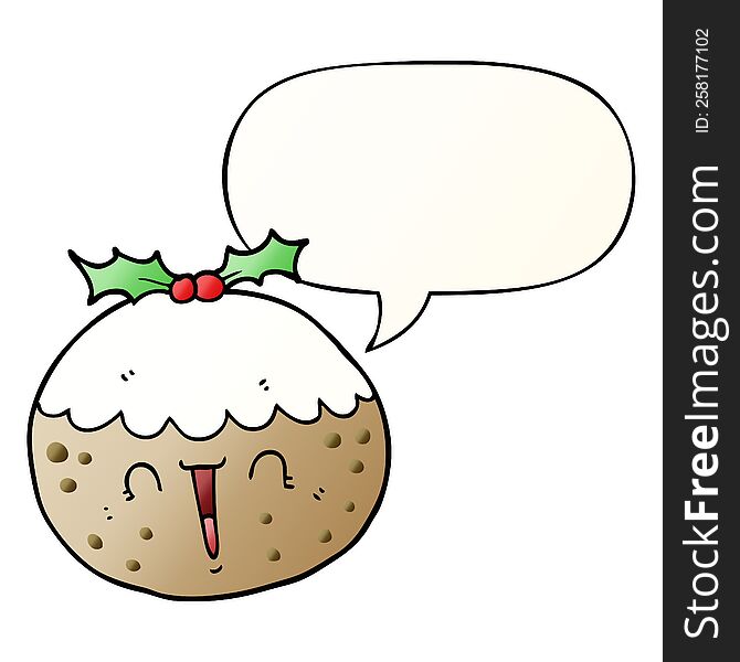 Cute Cartoon Christmas Pudding And Speech Bubble In Smooth Gradient Style