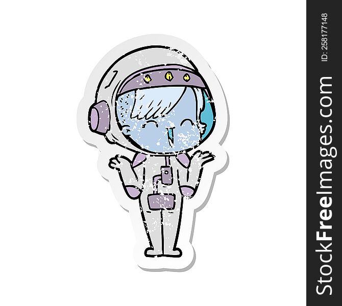 distressed sticker of a happy cartoon space girl shrugging shoulders