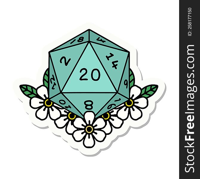 natural 20 D20 dice roll with floral elements sticker