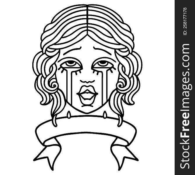 traditional black linework tattoo with banner of a very happy crying female face