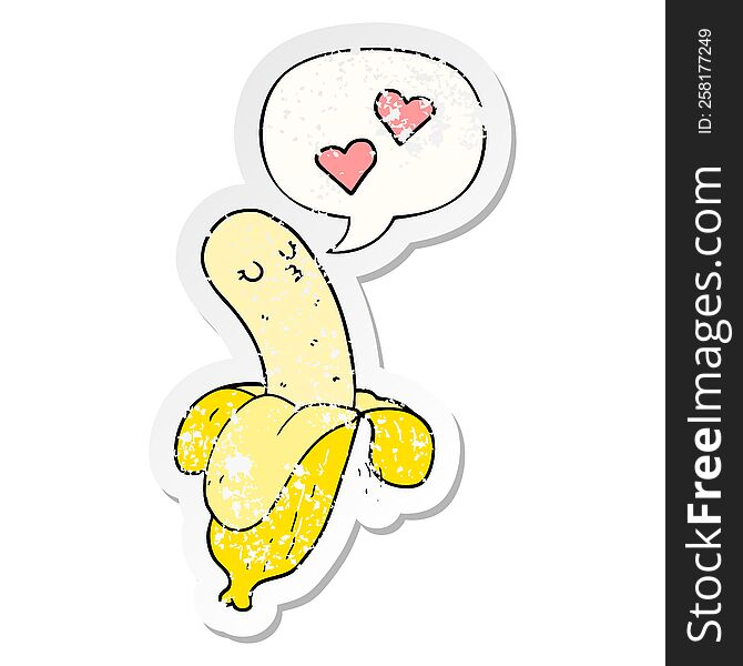 cartoon banana in love with speech bubble distressed distressed old sticker. cartoon banana in love with speech bubble distressed distressed old sticker
