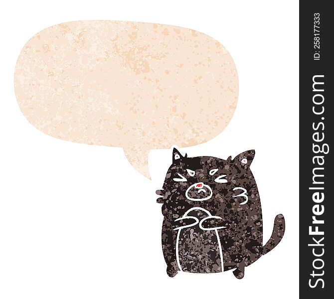 Cartoon Angry Cat And Speech Bubble In Retro Textured Style