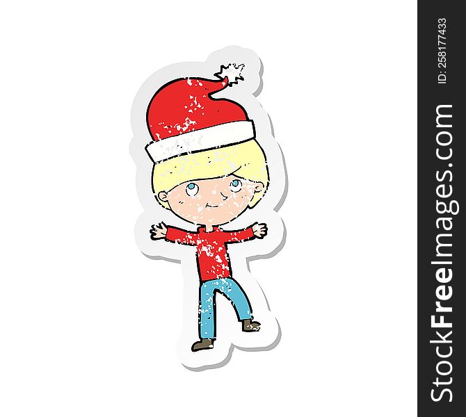 Retro Distressed Sticker Of A Cartoon Man Ready For Christmas