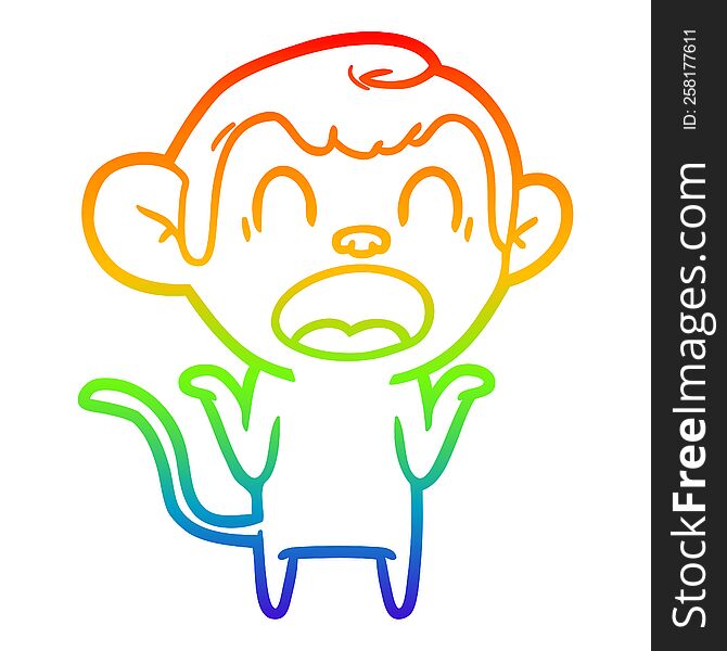Rainbow Gradient Line Drawing Shouting Cartoon Monkey Shrugging Shoulders