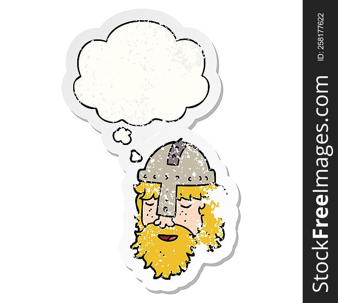 cartoon viking face with thought bubble as a distressed worn sticker