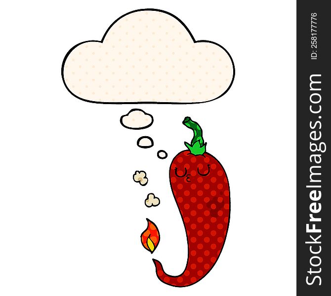 Cartoon Hot Chili Pepper And Thought Bubble In Comic Book Style