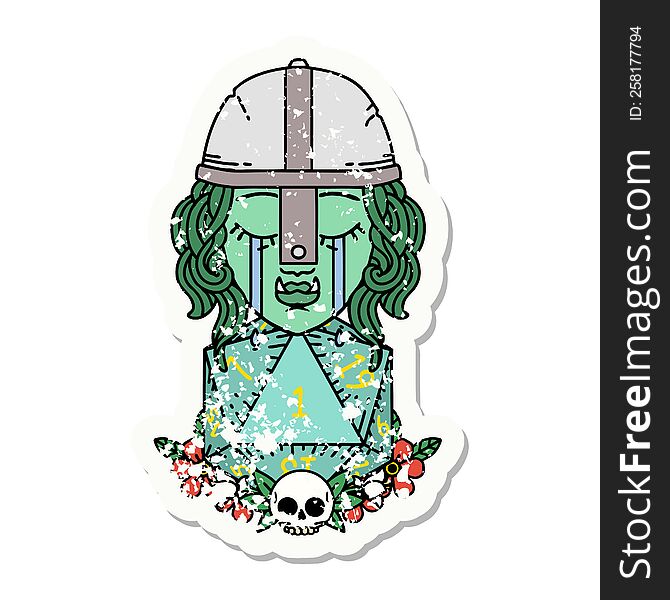 grunge sticker of a crying orc fighter character with natural one D20 roll. grunge sticker of a crying orc fighter character with natural one D20 roll