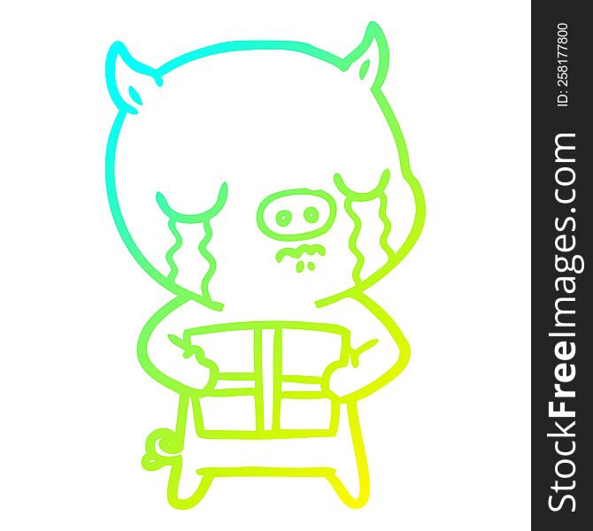 Cold Gradient Line Drawing Cartoon Pig Crying Over Christmas Present
