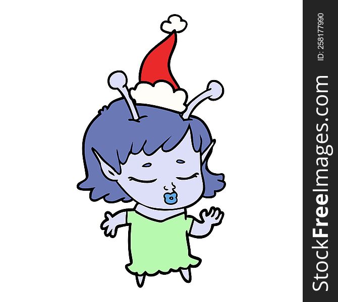 cute alien girl line drawing of a wearing santa hat