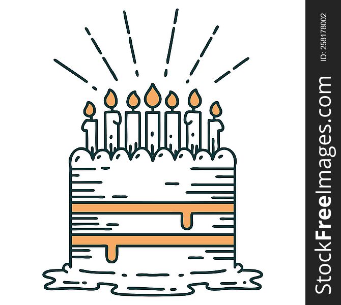 illustration of a traditional tattoo style birthday cake