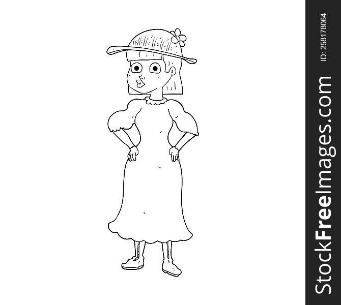 freehand drawn black and white cartoon woman in sensible dress. freehand drawn black and white cartoon woman in sensible dress