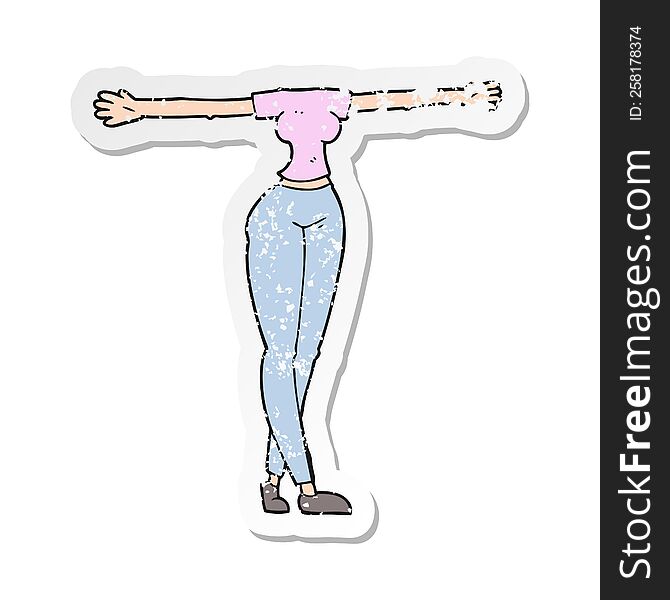 retro distressed sticker of a cartoon female body with wide arms