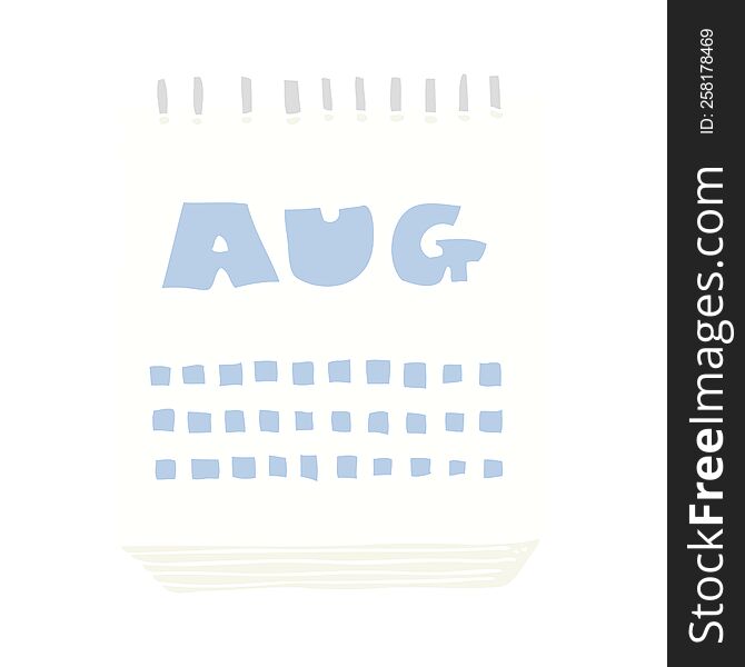 flat color illustration of a cartoon calendar showing month of august
