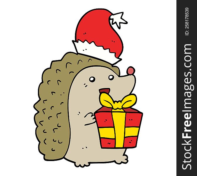 Cartoon Hedgehog Wearing Christmas Hat
