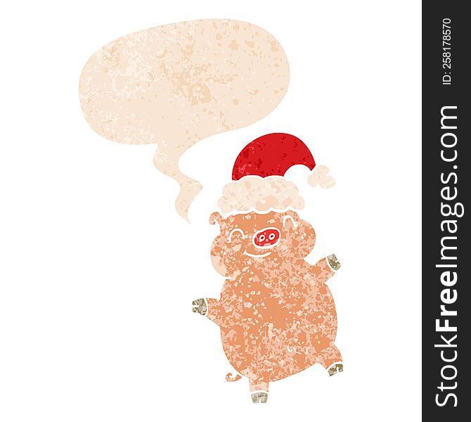Cartoon Happy Christmas Pig And Speech Bubble In Retro Textured Style