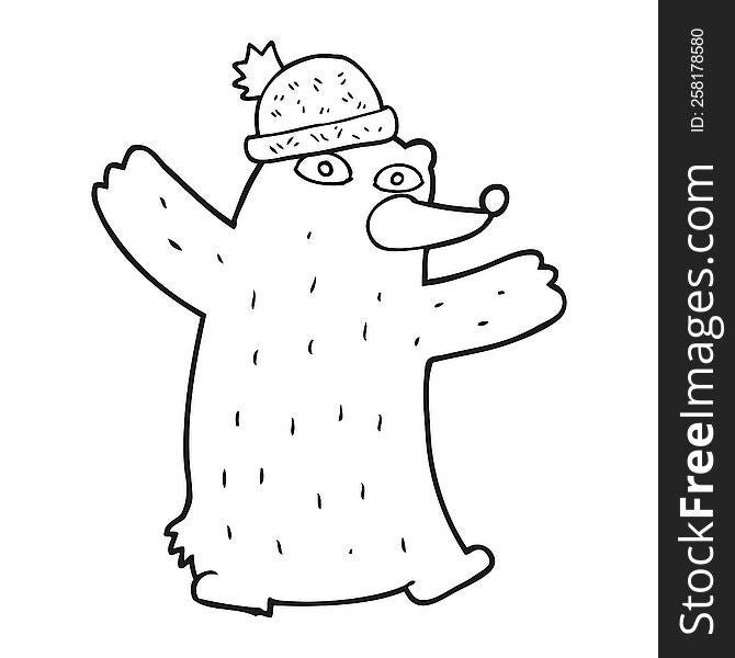 freehand drawn black and white cartoon bear wearing hat