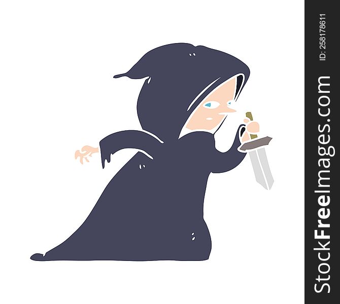 Flat Color Style Cartoon Assassin In Dark Robe