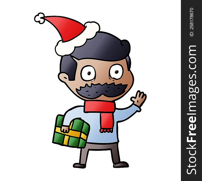 hand drawn gradient cartoon of a man with mustache and christmas present wearing santa hat