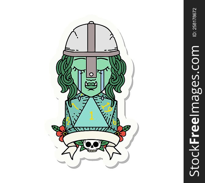 sticker of a crying orc fighter character with natural one D20 roll. sticker of a crying orc fighter character with natural one D20 roll