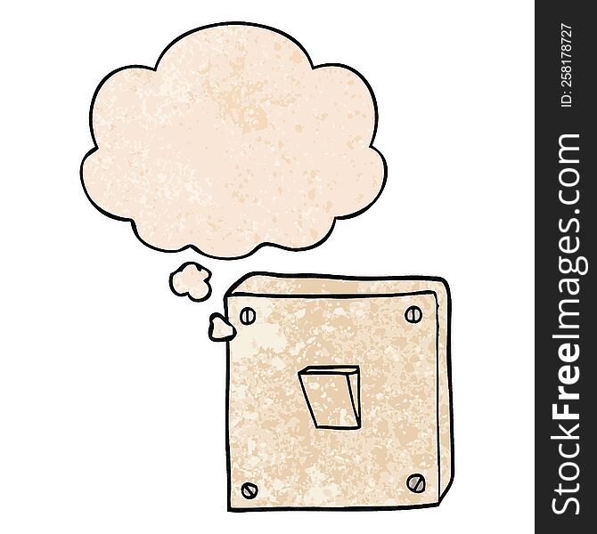 Cartoon Light Switch And Thought Bubble In Grunge Texture Pattern Style