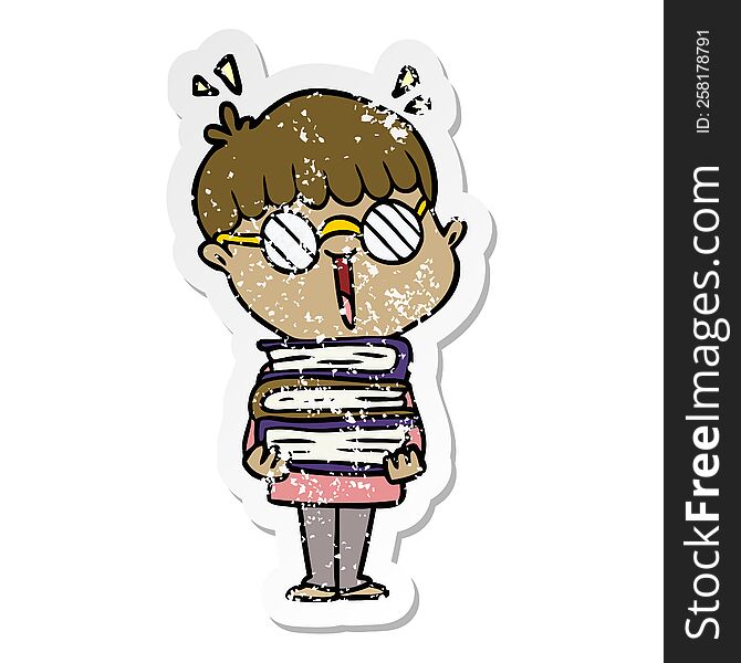 Distressed Sticker Of A Cartoon Boy With Amazing Books