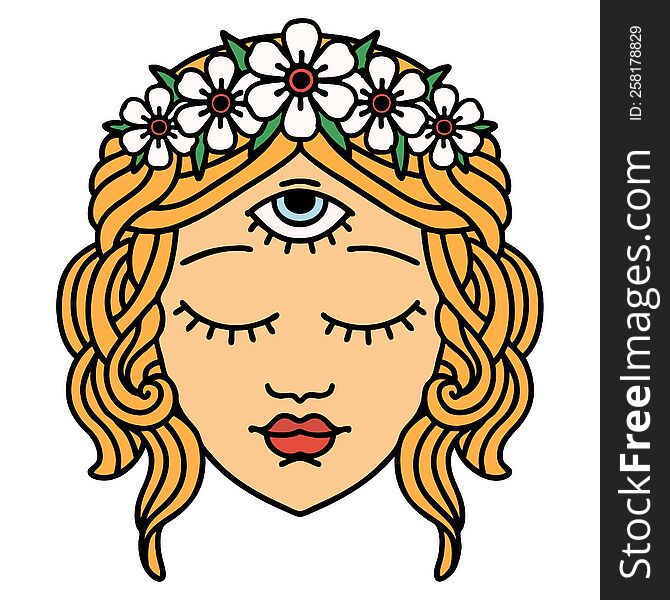 tattoo in traditional style of female face with third eye and crown of flowers. tattoo in traditional style of female face with third eye and crown of flowers