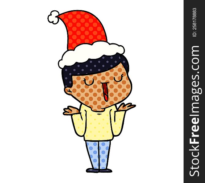 comic book style illustration of a happy boy with no worries wearing santa hat