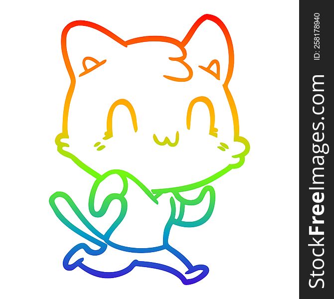 rainbow gradient line drawing of a cartoon happy cat running