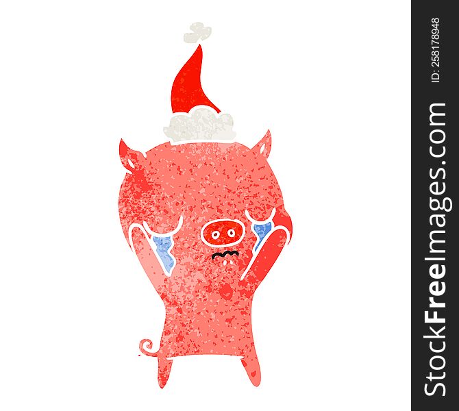 Retro Cartoon Of A Pig Crying Wearing Santa Hat