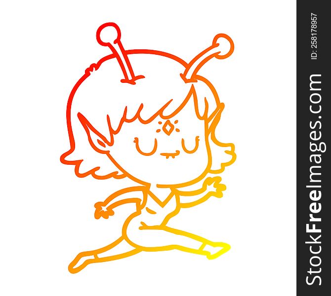 warm gradient line drawing of a cartoon alien girl jumping