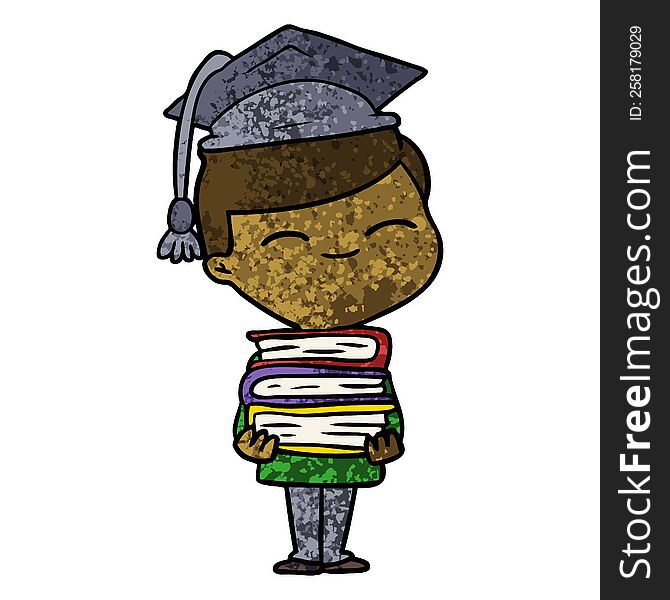 cartoon smiling boy with stack of books. cartoon smiling boy with stack of books