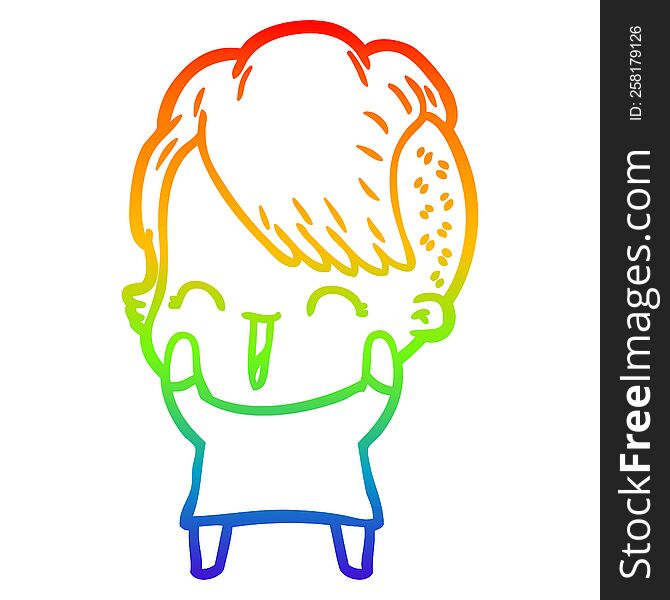 rainbow gradient line drawing of a cartoon happy hipster girl