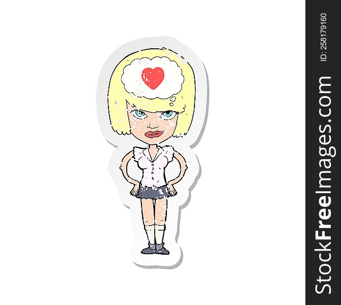 Retro Distressed Sticker Of A Cartoon Woman Thining About Love