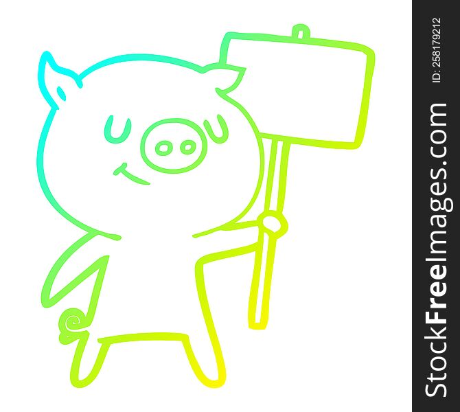 Cold Gradient Line Drawing Happy Cartoon Pig With Placard