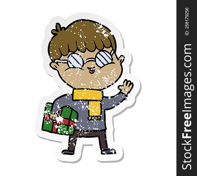distressed sticker of a cartoon boy wearing spectacles carrying gift