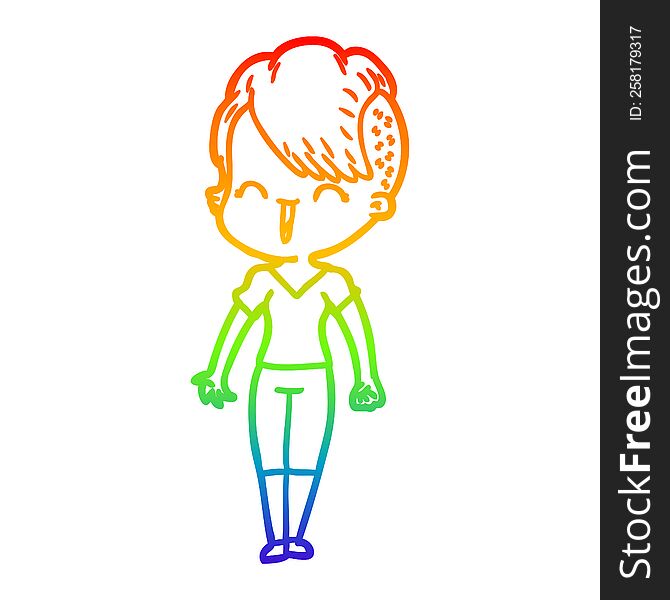 rainbow gradient line drawing of a happy cartoon hipster girl