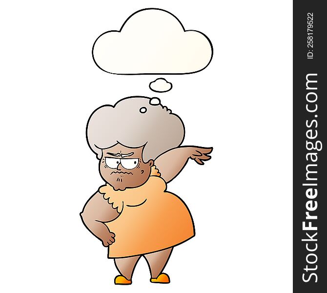 cartoon angry old woman with thought bubble in smooth gradient style