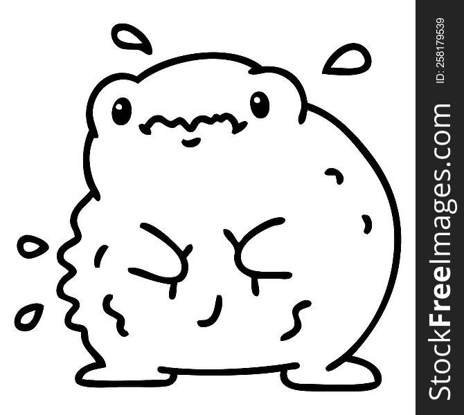 line doodle of a cute hungry frog with rumbling belly