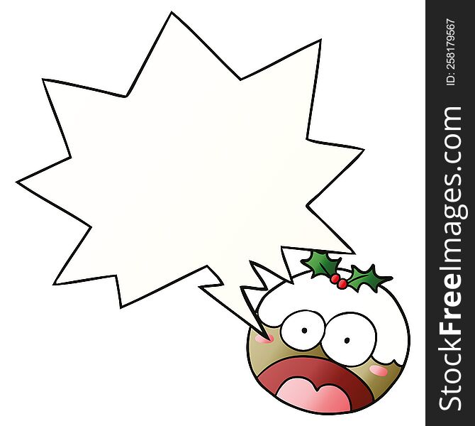 cartoon christmas pudding with shocked face with speech bubble in smooth gradient style. cartoon christmas pudding with shocked face with speech bubble in smooth gradient style