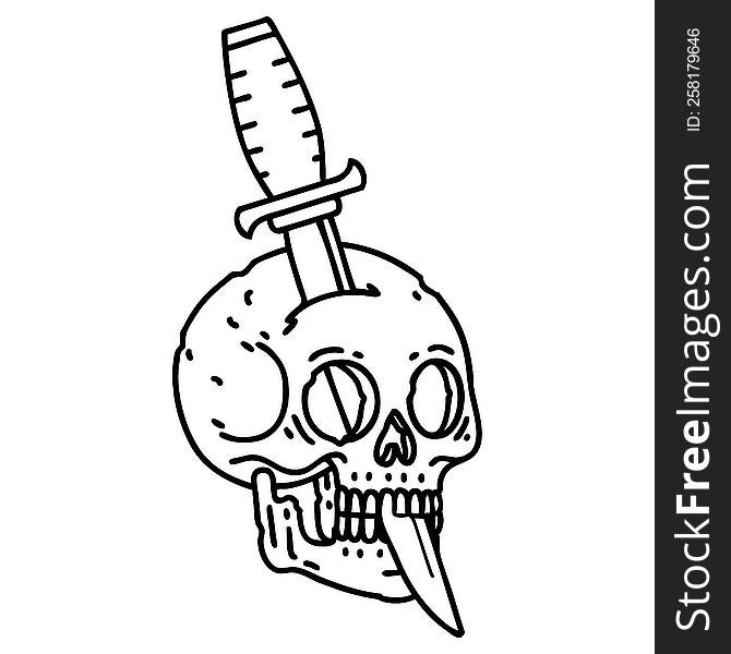 Black Line Tattoo Of A Skull And Dagger