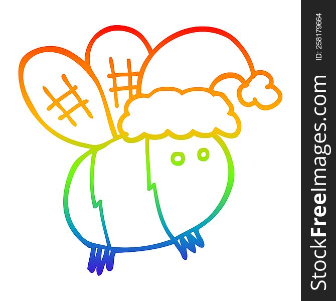 rainbow gradient line drawing cute cartoon bee wearing christmas hat