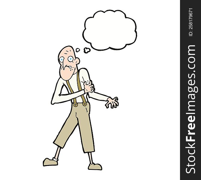 cartoon old man having heart attack with thought bubble