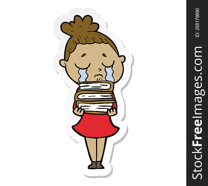 Sticker Of A Cartoon Crying Woman With Stack Of Books